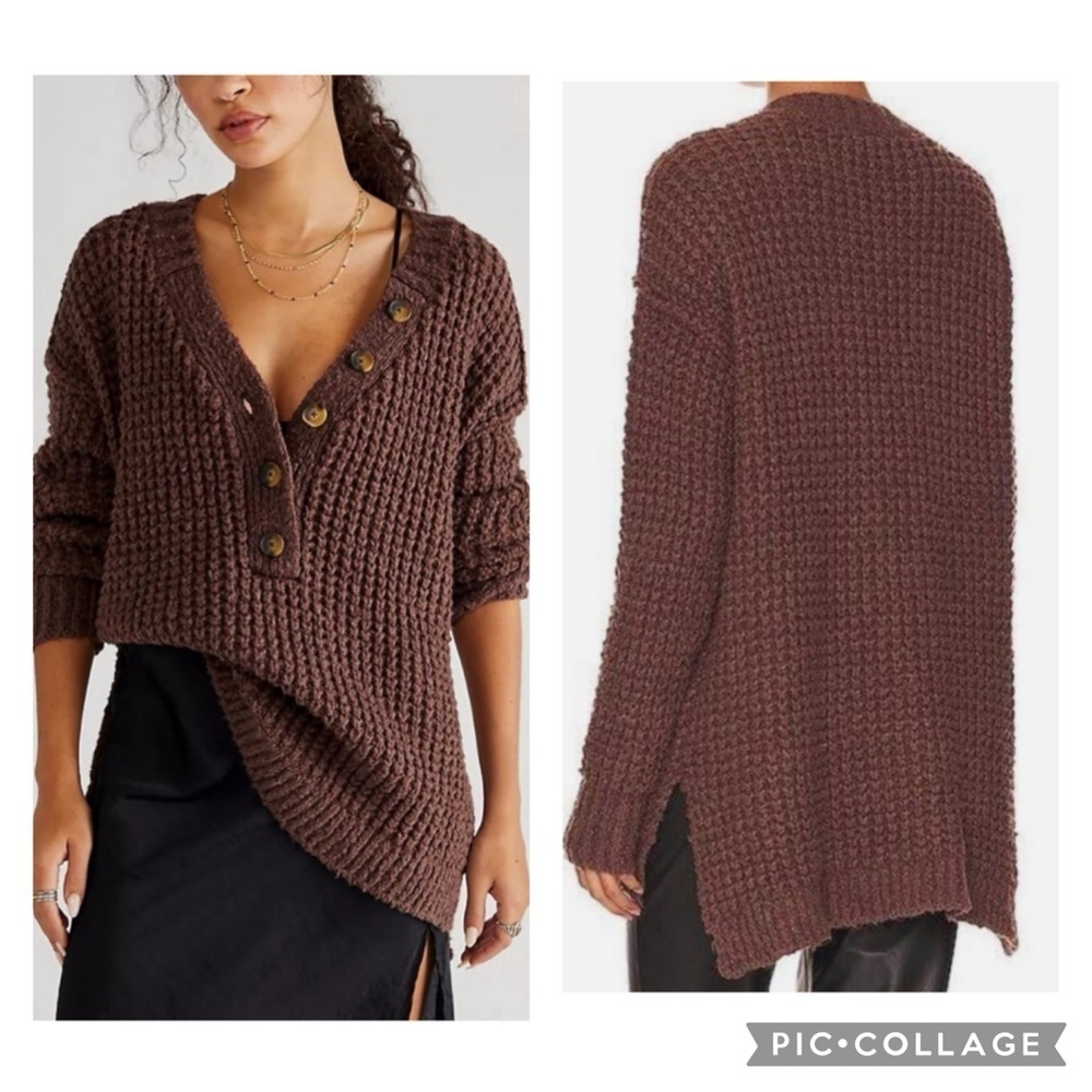 FREE PEOPLE LADIES BROWN WHISTLE THERMAL HENELY JUMPER Sweater SIZE XS - Picture 1 of 8